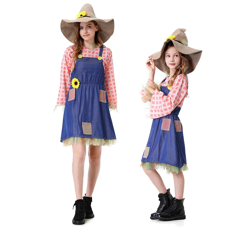 

Scarecrow Costume for Girls and Women Family Cos Plaid Suspenders Dress and Hat Wizard of Oz Scarecrow