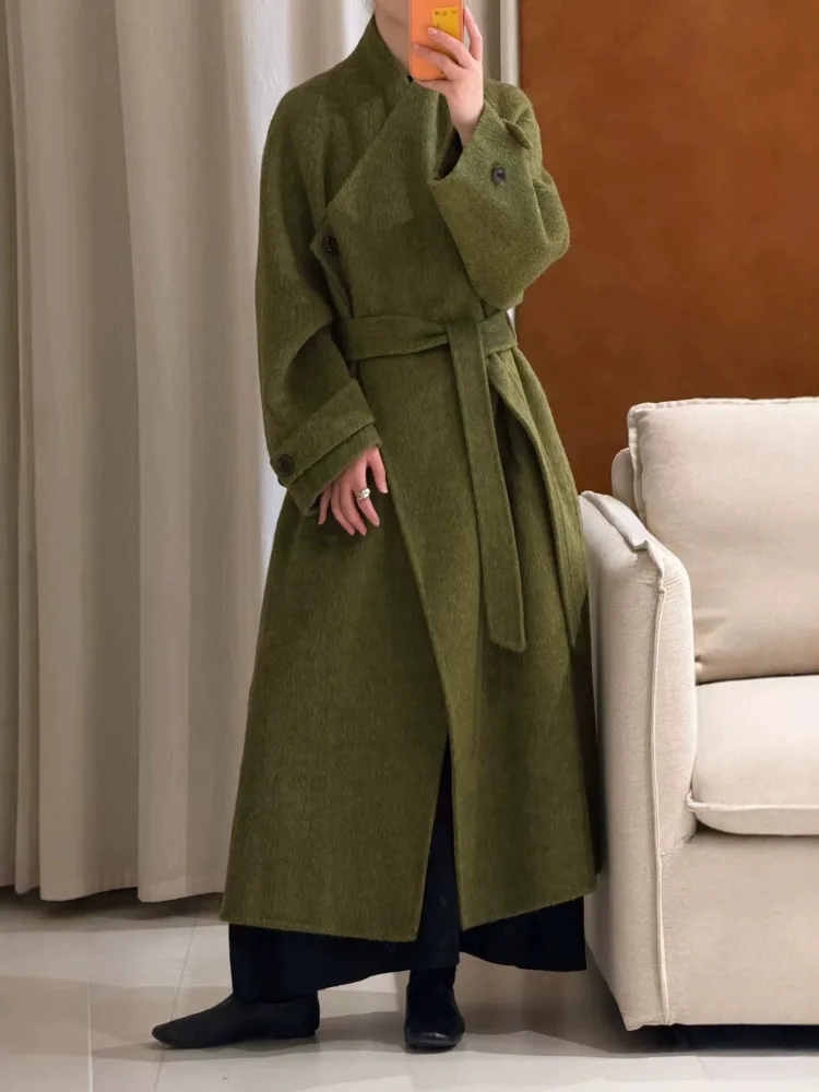 ONEXWEN Women Double Sided Wool Coat Wrap Stand Collar Belted Green Maxi Long Woolen Overcoat Fall Winter Loose Outerwear RU160