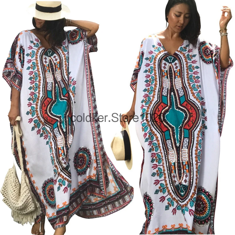 Summer Beach Cover Up Dress for Women Print Loose Bohemian Turkey Vacation Beach Sun Protection Robe