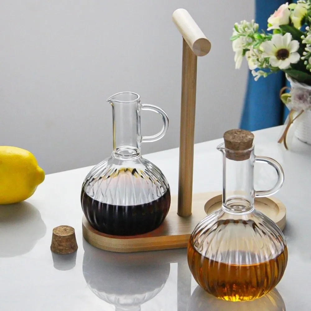 Wooden Stand Glass Oil Pot Transparent Bottle Leak-proof Sauce Vinegar Cruet Sealed Storage High-Temperature Resistant