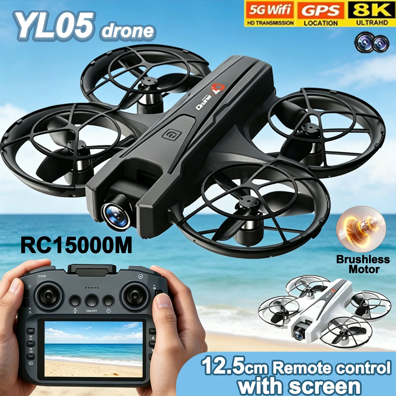 Dron RC YL05 Profesional con Cámara Dual HD 8K, FPV WiFi, Motor sin Escobillas con Posicionamiento de Flujo Óptico, Quadcopter, Juguete, Regalo