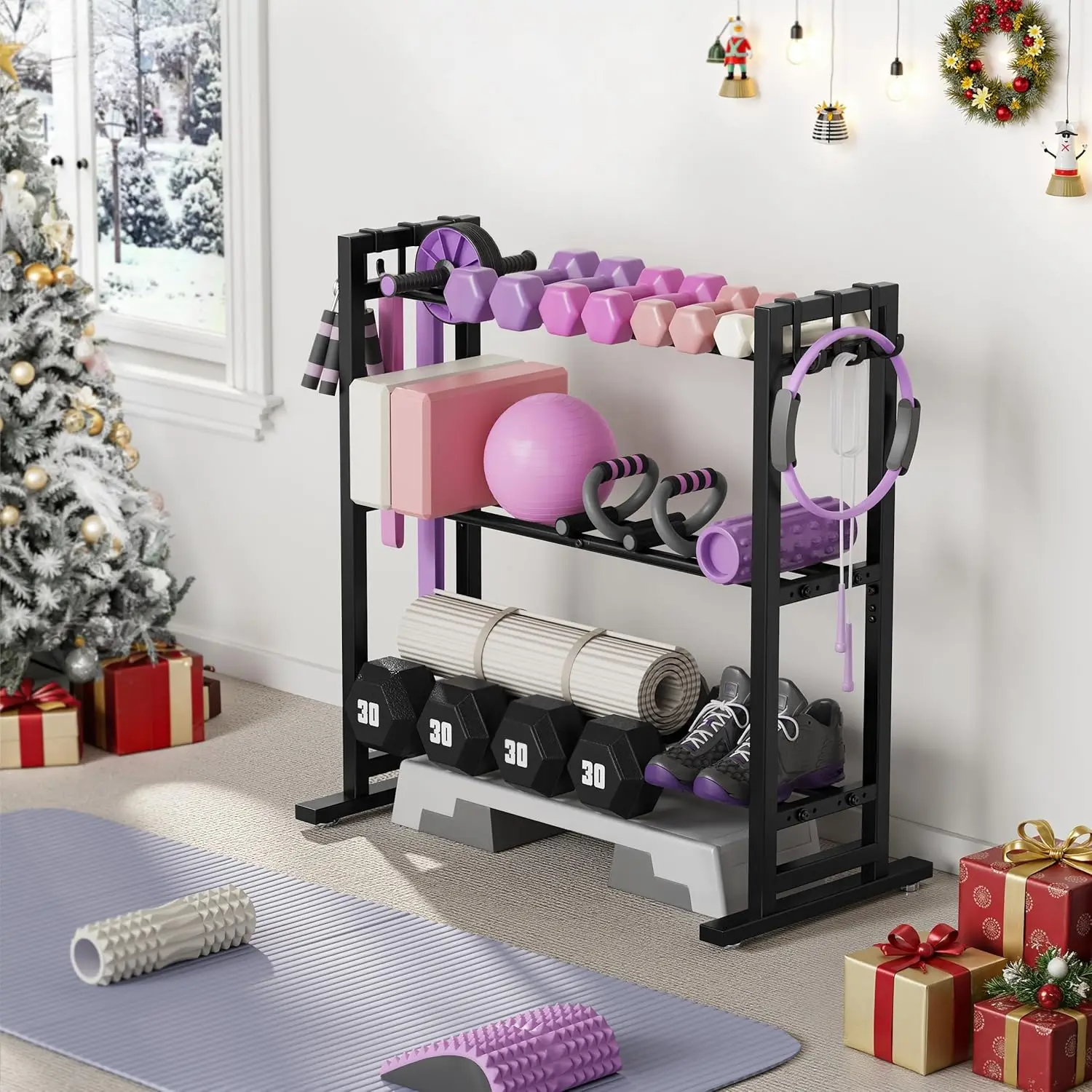 Home Gym Dumbbell Rack, Metal Material, Silver Color, 3 Tier Adjustable with Hooks, 450 lb Capacity, Space-Saving