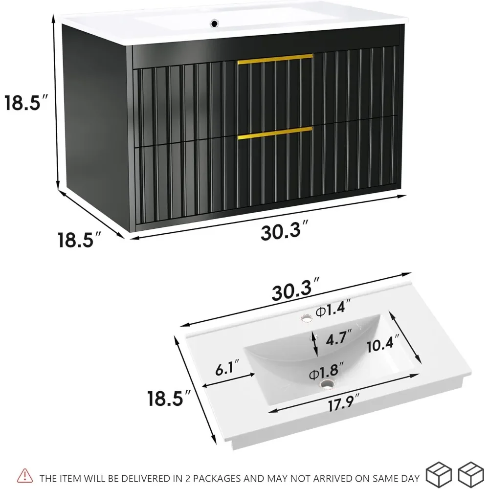 Bathroom Vanity with Sink, Floating Vanity Bathroom Sink Cabinet Wall Mount, Soft-Close Function 2 Large Drawers