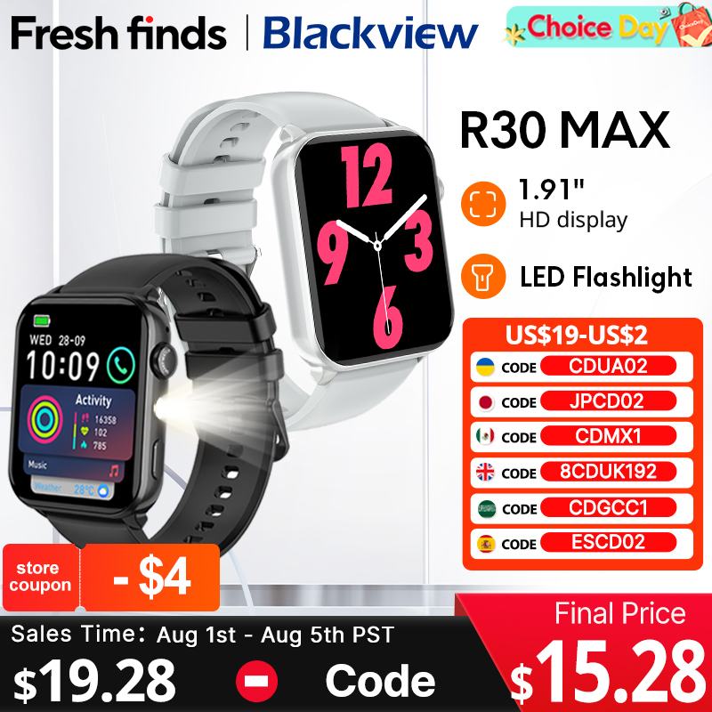  Blackview R30 Max Smartwatch 1.91" Bluetooth Phone Call Flashlight 350mAh Al Voice Assistant Sports watch 