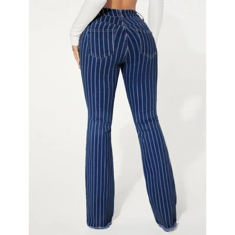 クロスボーダー新作デニムストライプフレアパンツローウエストスレ他素材00％PVCカジュアルパンツ中年女性向け