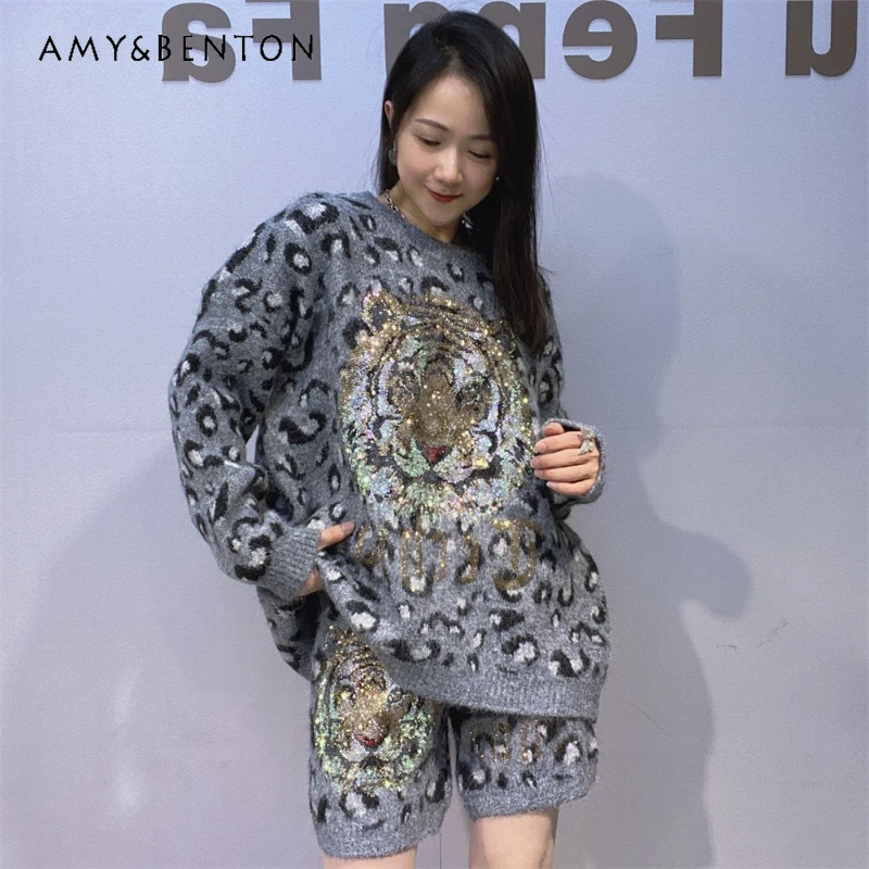 

2025 Winter Crew Neck Thickened Long Sleeves Knitted Leopard Print Outfits For Women's Y2k Loose Sweater + Shorts Two-Pieces Set