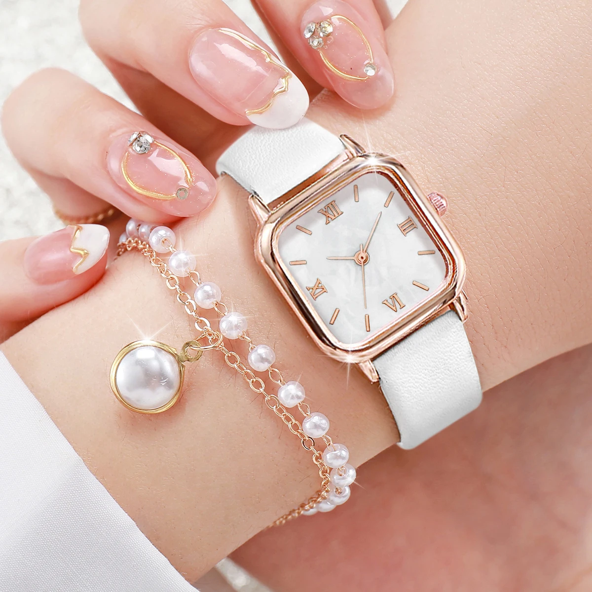 2pcs/set Fashion Women Leather Strap Square Case Quartz Watch & Pearl Bracelet