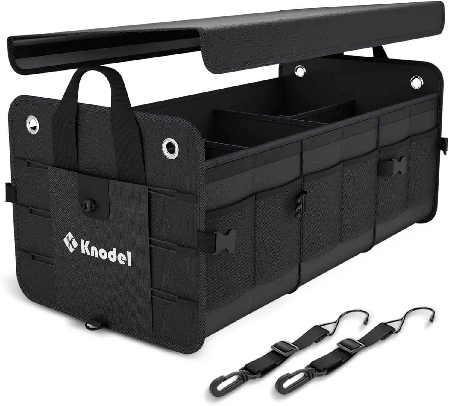 

Foldable Car Trunk Organizer with Lid, 3 Compartments, Heavy Duty Storage with Straps (Black)