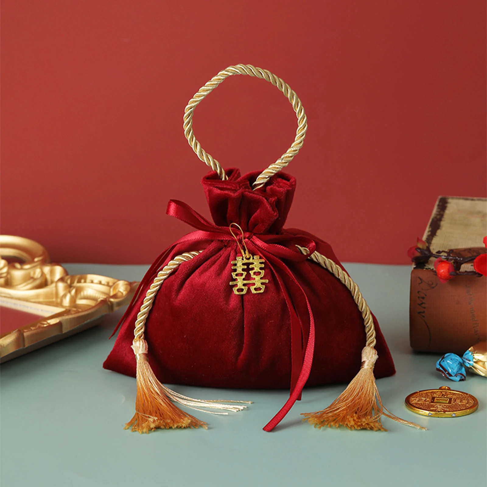 

Red Chinese Gift Bags Flannel Drawstring Candy Pouch New Year Wedding Party Baby Shower Valentine's Day DIY Decoration