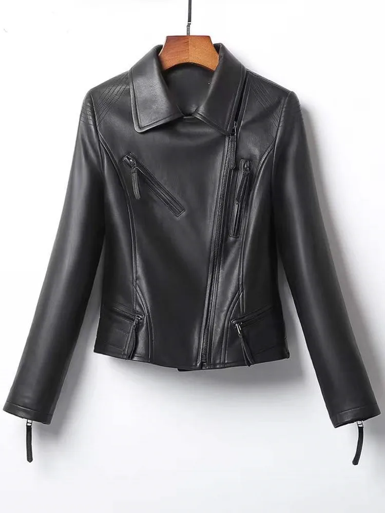 Short Leather Jacket for Women, Black Sheepskin Coat, Slim Motorcycle Jacket, Genuine Leather Coat, Spring and Autumn