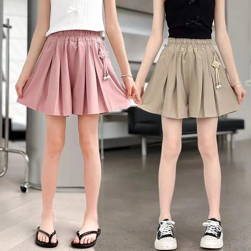 Kids Girls Cute Pleated Shorts 2025 New Children Summer Thin Whide Leg Pants Teenage Girls Pink Khaki Skirt Pants Chinese Style view 3