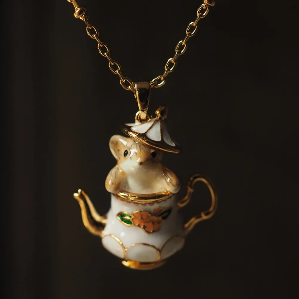 Creative Cute Cartoon Teacup Chipmunk Pendant Necklace for Women Charm Gold Color Enamel Mouse Dangle Earring Jewelry Set Gift