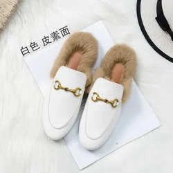 Baotou Horse Buckle Outside To Wear Rabbit Hair Flat Bottom Plus Cashmere Warm Fashion All Comfortable Non-slip Female Slippers