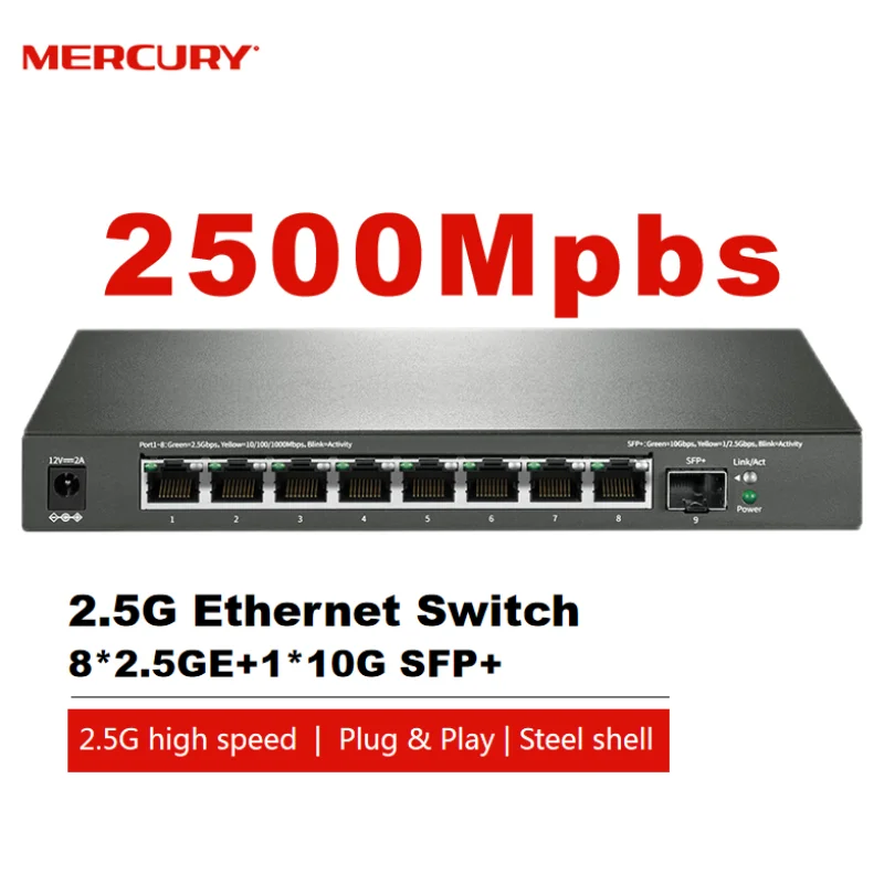 

MERCURY 8-портовый 2,5G Ethernet неуправляемый сетевой коммутатор с 8x2,5 гигабит + 1x10G SFP +, Plug & Play, безвентиляторный тихий металлический SE109