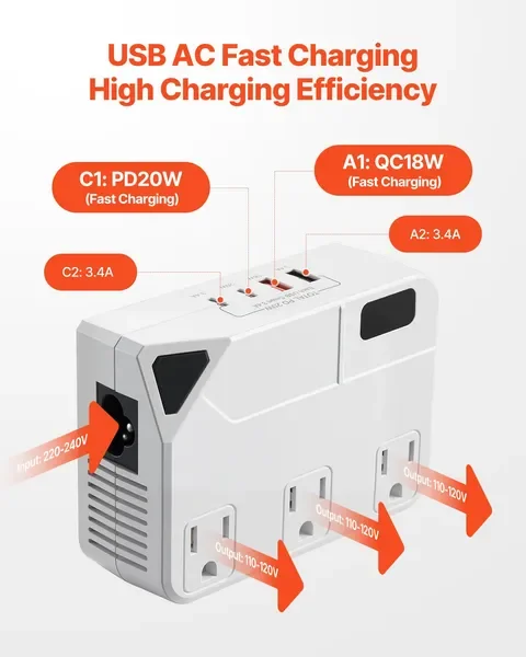 محول جهد كهربي تنحى 220 فولت إلى 110 فولت محول سفر مع 2 منافذ USB C