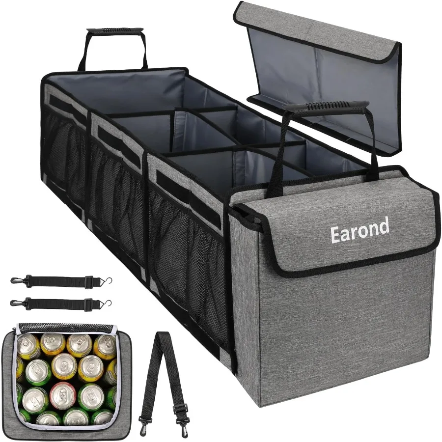 

Collapsible Trunk Organizer with Insulated Leakproof Cooler BagRemovable Lid Adjustable Securing Straps 3 Compartments Trunk Or