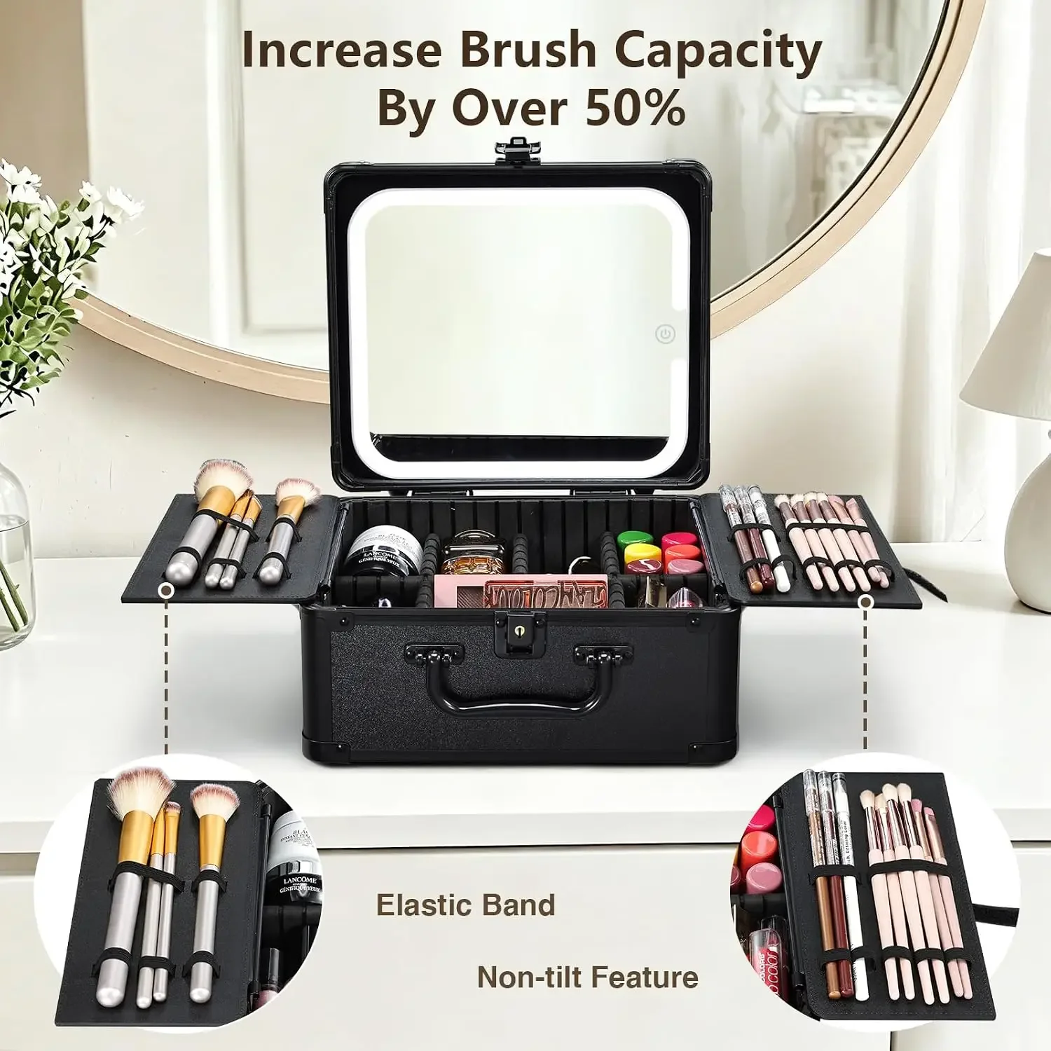 Makeup Bag with Mirror, Hard Shell Makeup Case,Portable Makeup Organizer Box with 6 Dividers, suit for Women Travel & Home