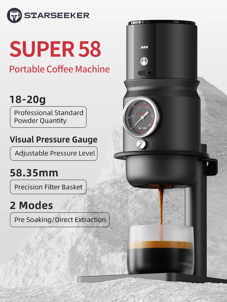 STARSEEKER Super58 Macchina per caffè espresso elettrica portatile Caffettiera da viaggio per macchina da caffè per auto da campeggio con staffa USB-C Tamper