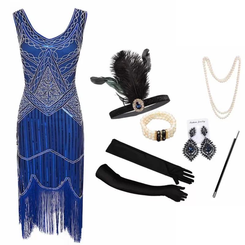 New 1920s Flapper Dress Women's Fashion Vintage Great Gatsby Charleston Sequin Tassel 20s Party Girl Costume with Accessories