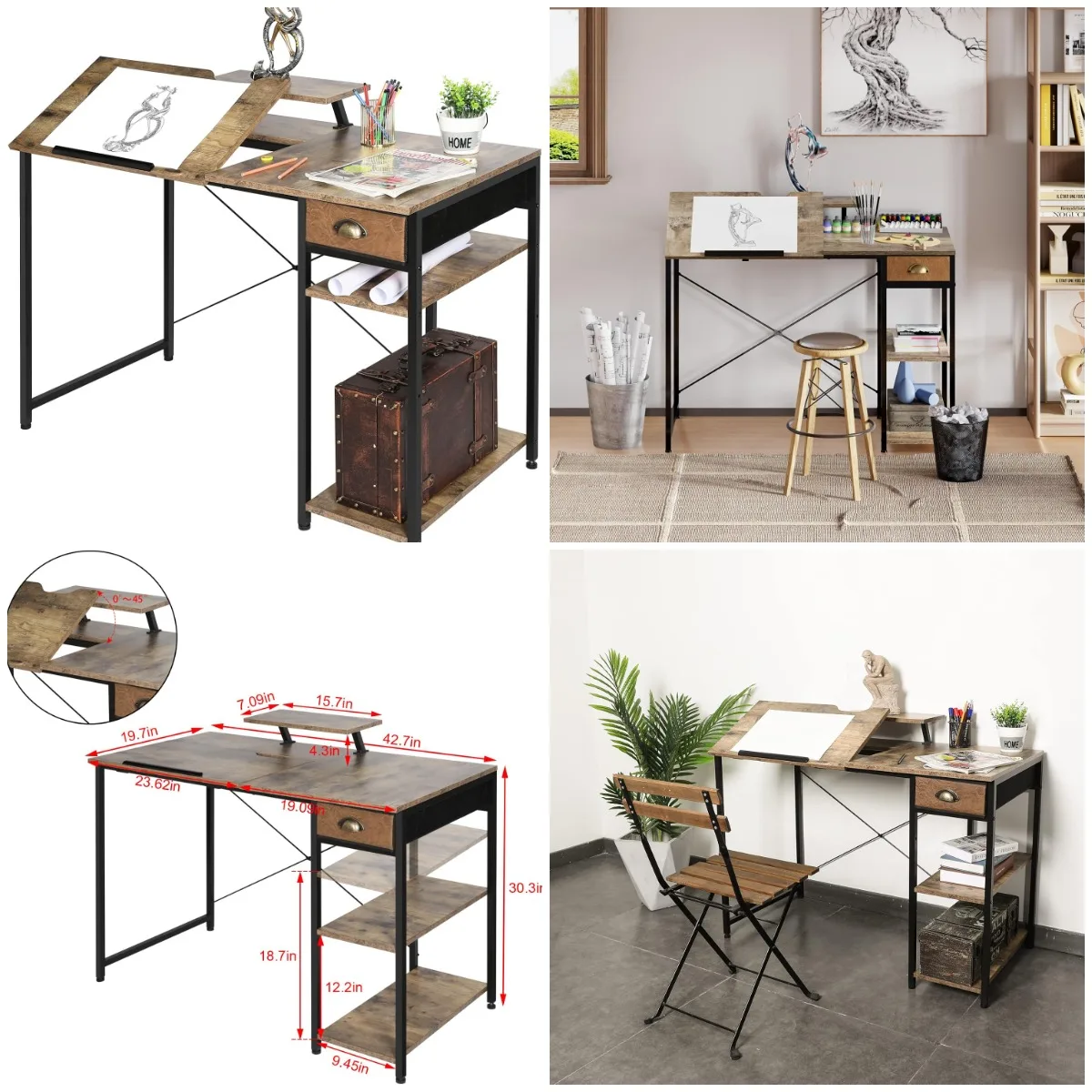 

Adjustable Drafting Table with Shelves & Drawer, 43' Art Desk for Home Office, Tiltable Drawing Table for Artists, Study, Writin