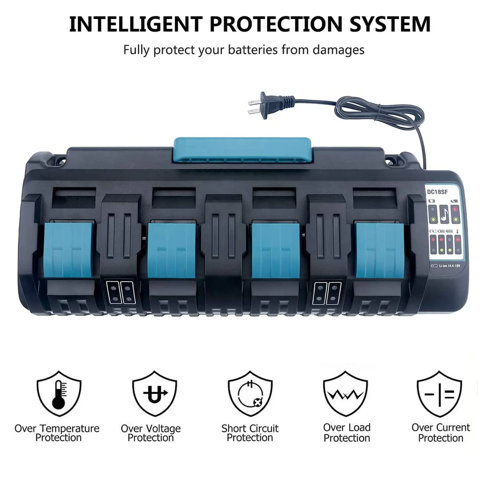 For Makita Battery Charger 4-Port Charger Station with 2 USB-A Ports Simultaneous Rapid Charging for 4 Makita Lithium Batteries