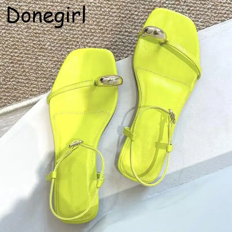 Donegirl 2023 New Women Fashion Summer Square Head Metal Decoration Fine Ribbon Flat Sandals Simple Female Beach Shoes Chic