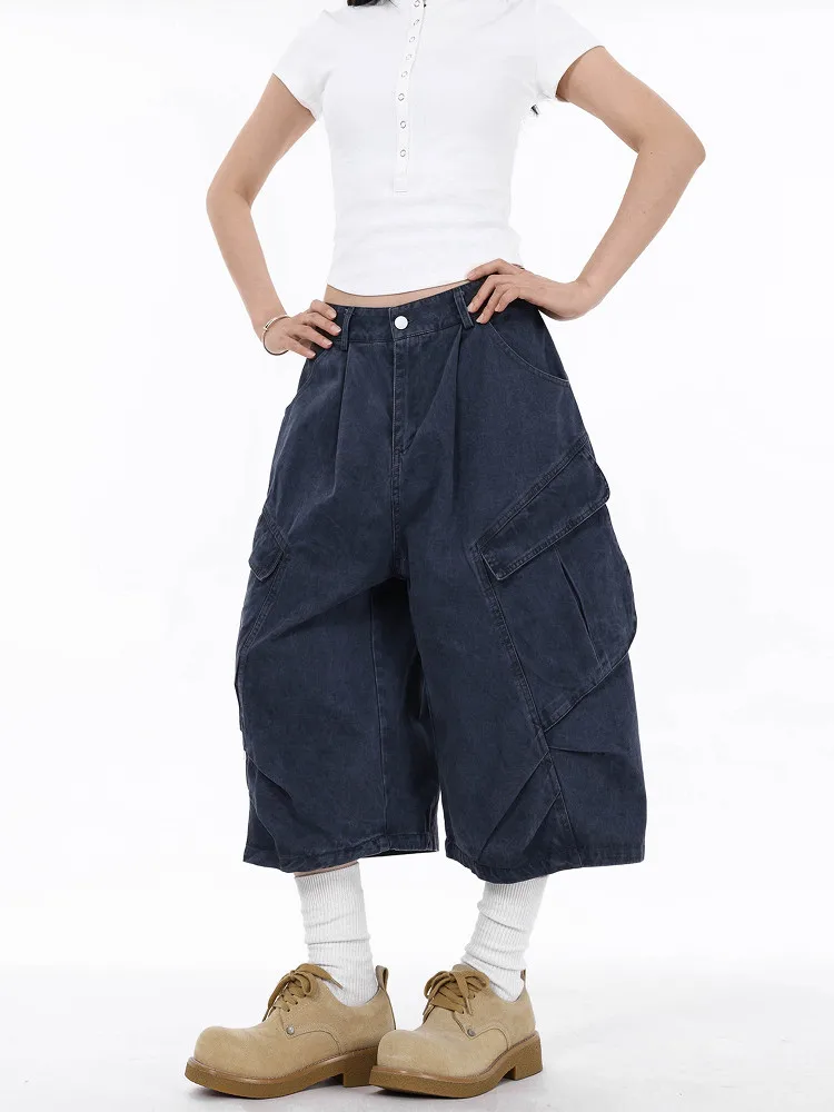 

American High Street Retro Large Pocket Design Seven-Foot Pants Men's Loose Straight Wide Leg Pleated Casual Work Shorts