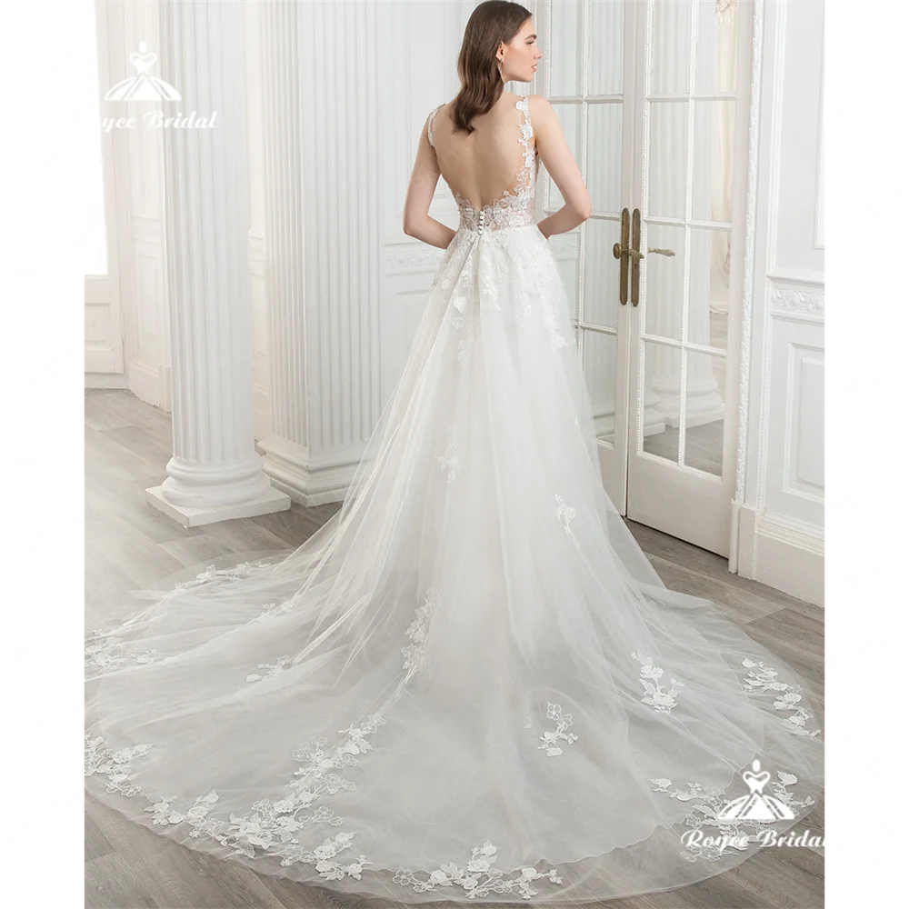 Roycebridal-vestido de noiva em V para mulheres, linha A, sem encosto, trem tribunal, vestido de casamento, traje feminino, 2020