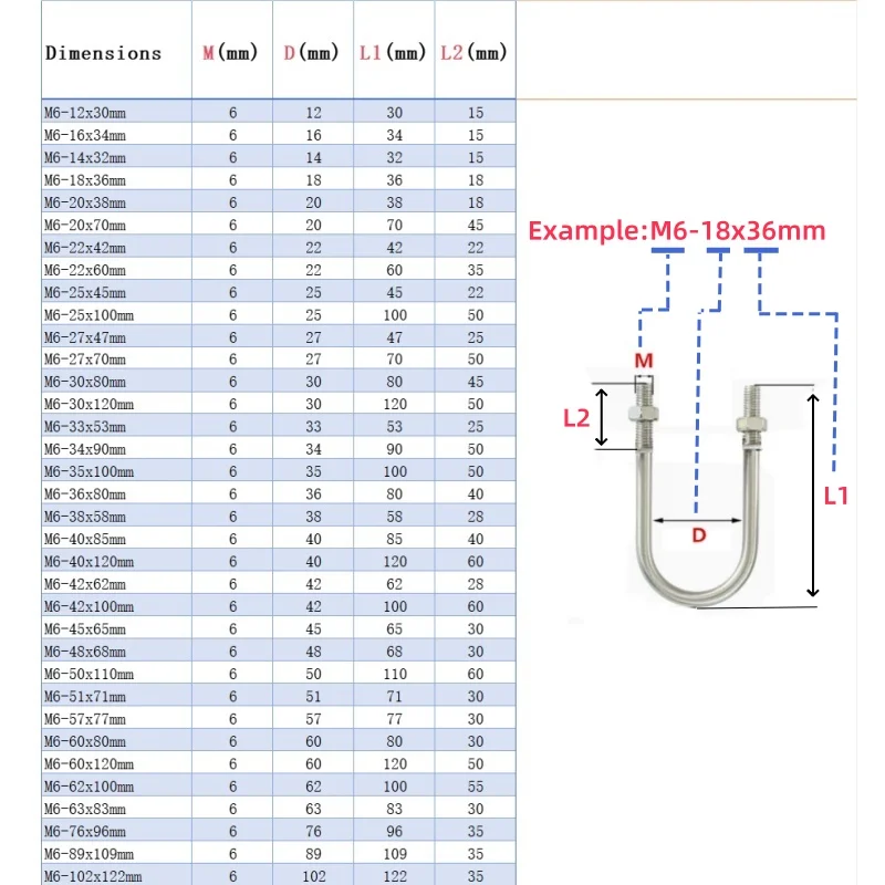 M10 M12 U-shaped Bolt Tube 12-219mm Clamp 304 Stainless Steel U-shaped Screw U-shaped Pipe Clamp Fixing Buckle U-Bolts