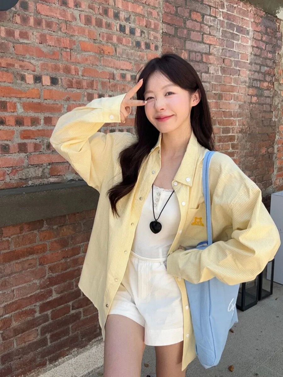 American Style Casual Loose Women's Shirt Jacket Yellow Button Up Cardigan Summer Lazy Tops Korean Ladies Sunscreen Outerwear