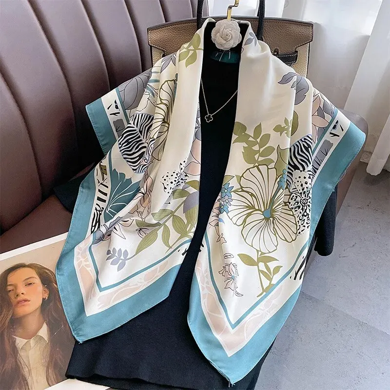 

New Fashion Print Twill Silk Scarf Women Hijab Muslim Headband 90cm Square Bandana Foularf Summer Shawl Beach Stoles Echarpe
