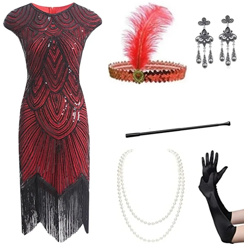 

Halloween Retro Sequined Sexy Dress Cross Border Explosion Front Rear Deep V Neck Fashion Trend Fringed Evening Banquet Dress