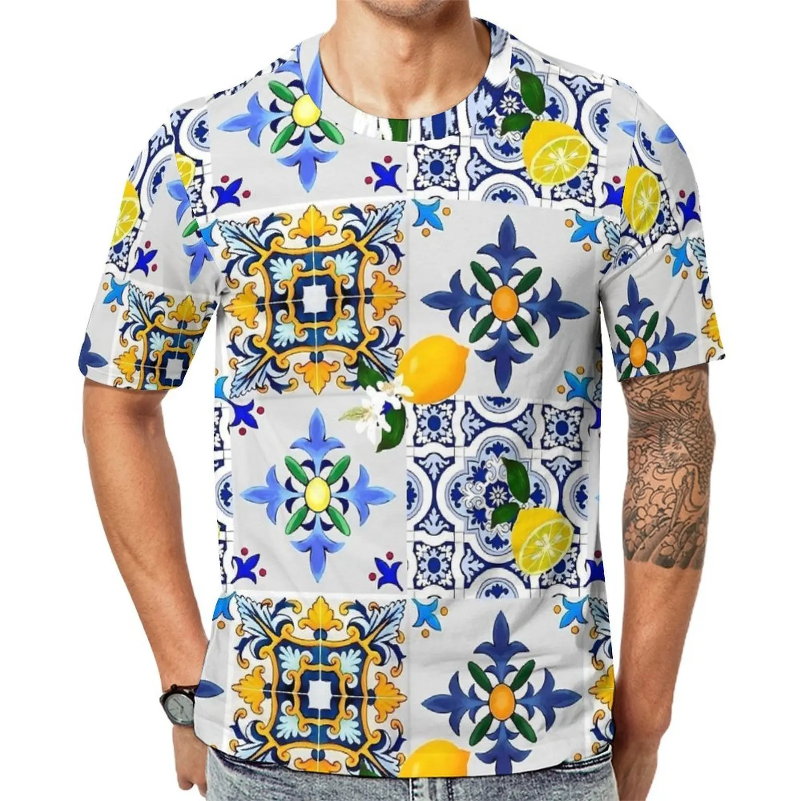 Summer T-Shirt Majolica Lemon T-Shirts Tiles Citrus Flower Casual Trendy Tee Shirt For Men Short-Sleeved Graphic Oversize Tops