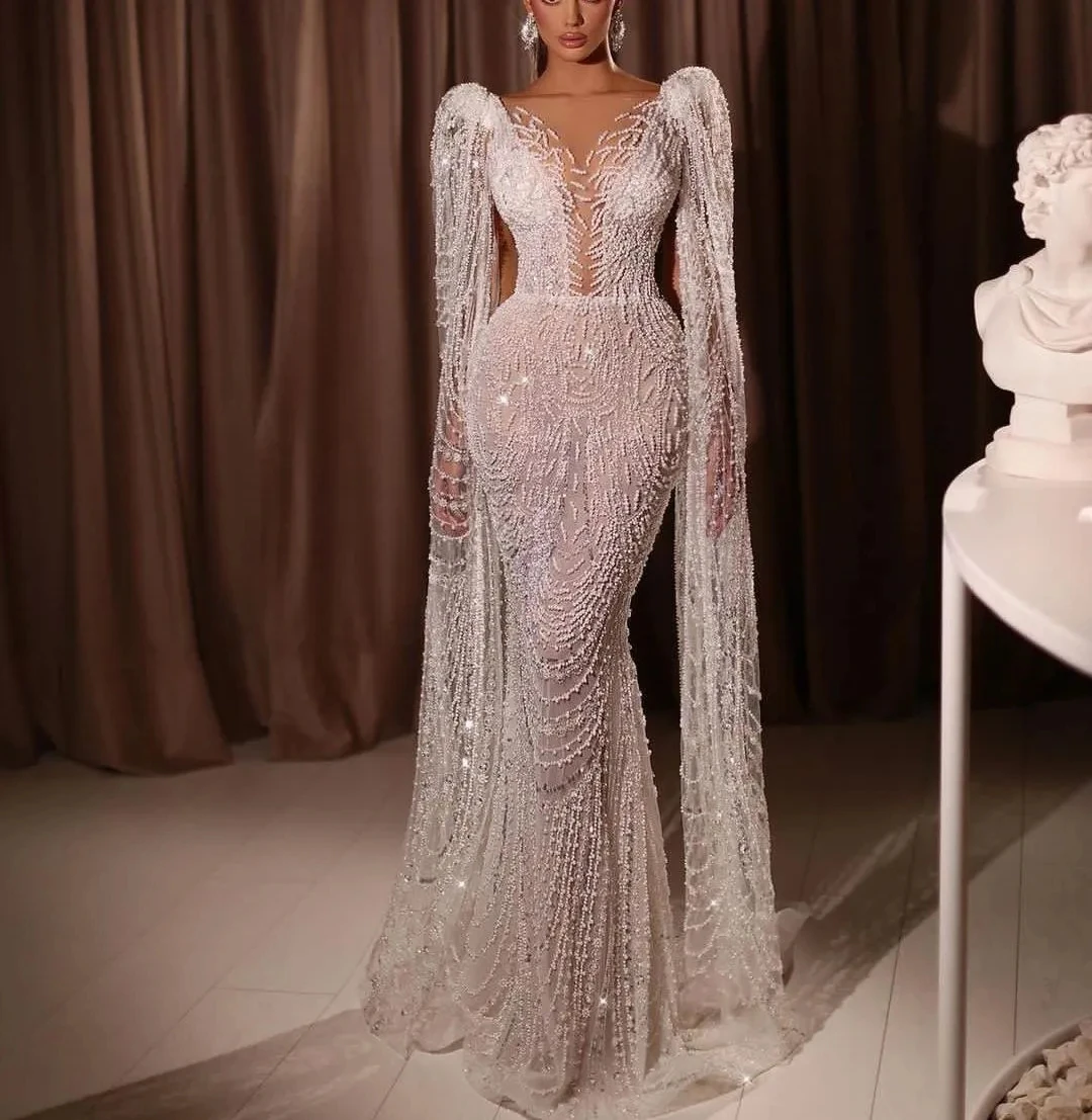 

Luxury Mermaid Wedding Dress Pearls Beading Long Sleeves Cape Bridal Gowns Custom Made Vestido De Novia