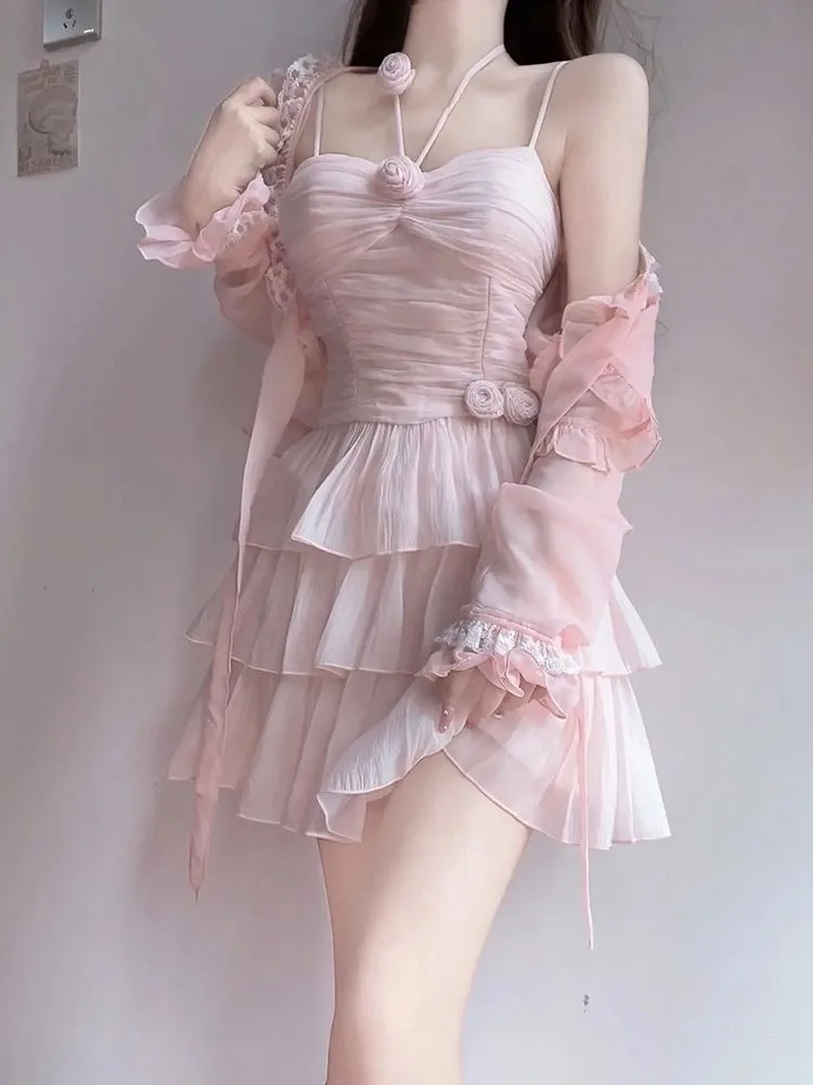 Fashion Sweet Pink Long Sleeve Fungus Cardigan Women+ Y2k E-Girl Slim Fit Strapless Strap Dresses Summer New Two Piece Sets