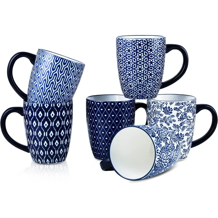 Selamica 16 oz Porcelain Coffee Mugs Set Ceramic Tea Cup with Handle dishwasher oven microwave safe Pack of 6 Vintage Blue