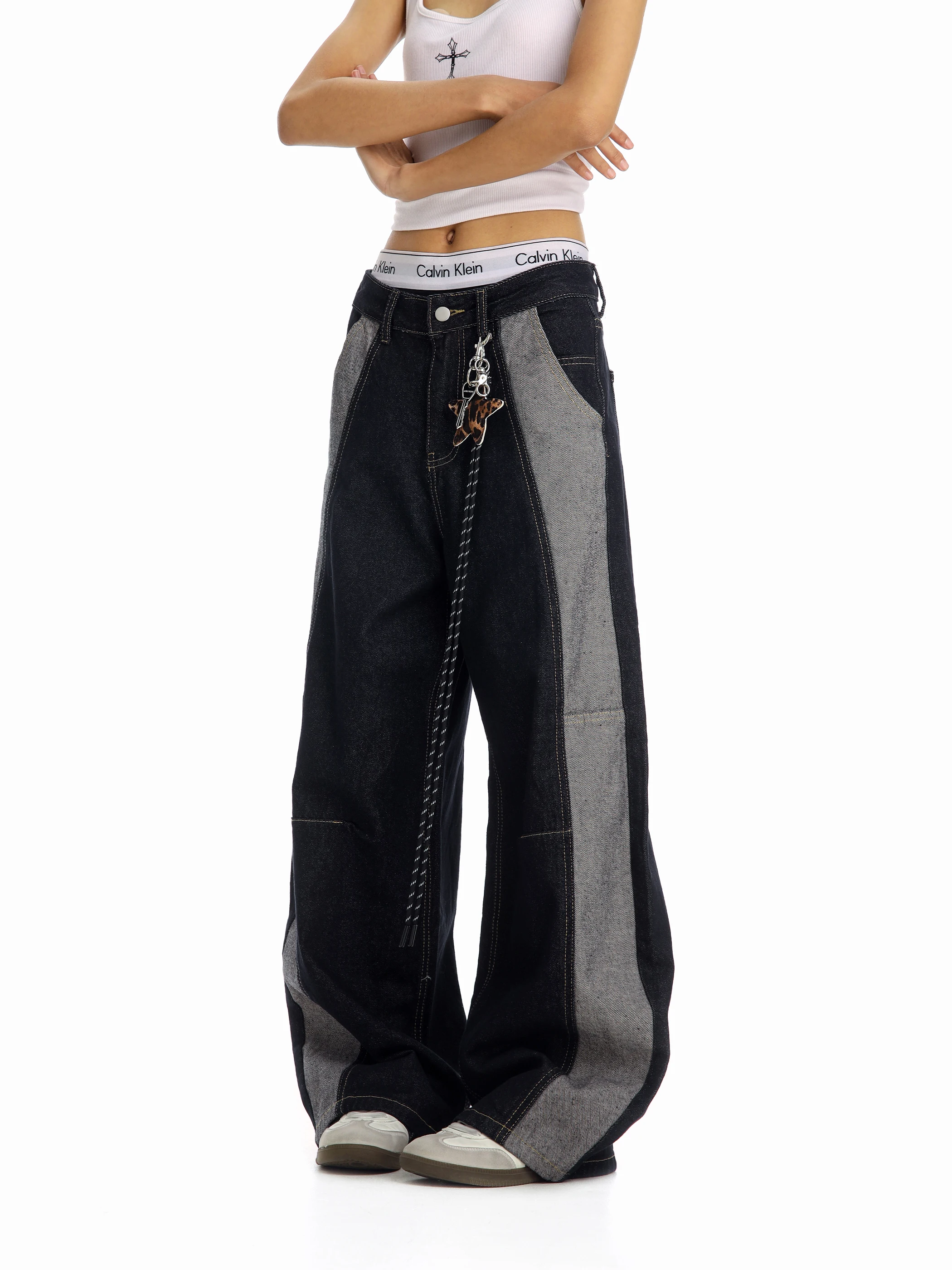 

Retro American Color Blo Distred Wide Leg Jeans Women Loose Fit Knife Patchwork Denim Pants Dance Ready All Season