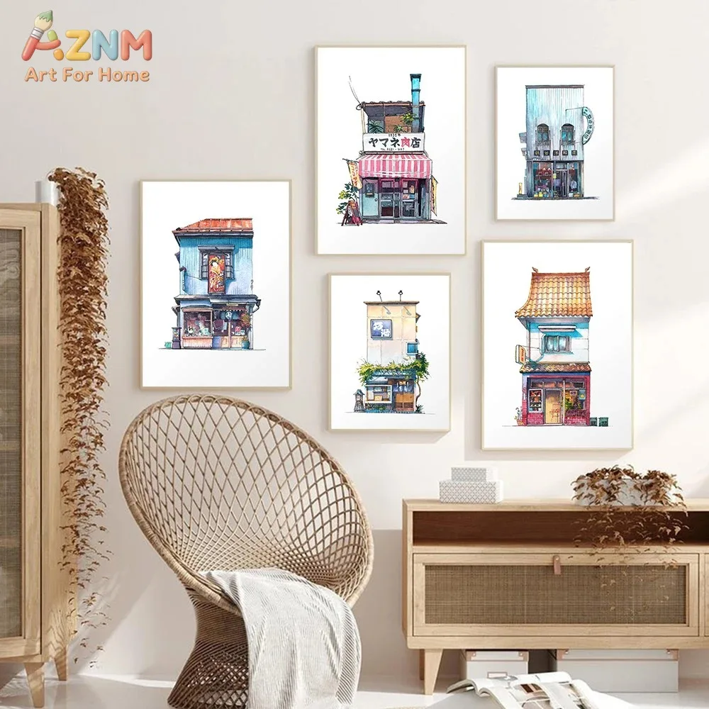 AZNM - Lienzo decorativo para pared con diseño de tienda japonesa en acuarela, impresión de tienda en la calle de Tokio, decoración del hogar