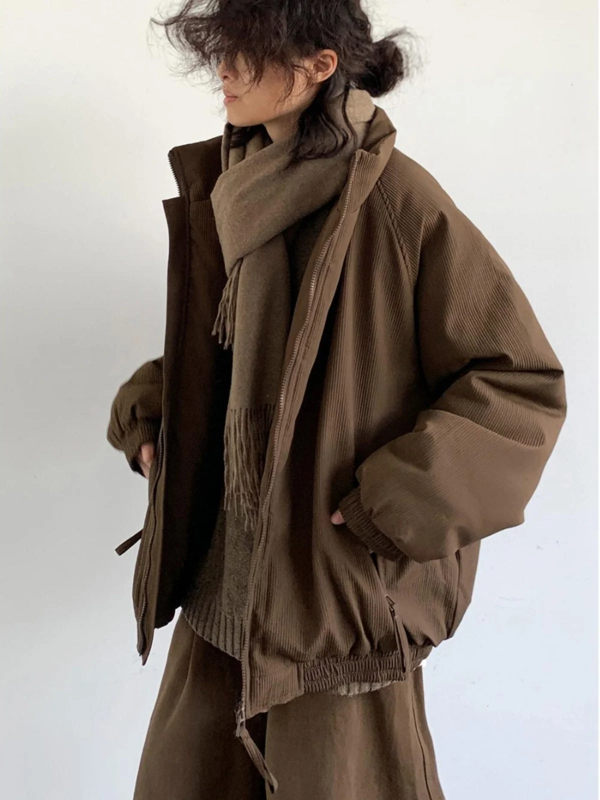 Jiwuus Winter Neutral Maillard Coffee Color Vertical Stripes Jacket Baseball Uniform Men's and Women's down Coat Cotton-Padde...