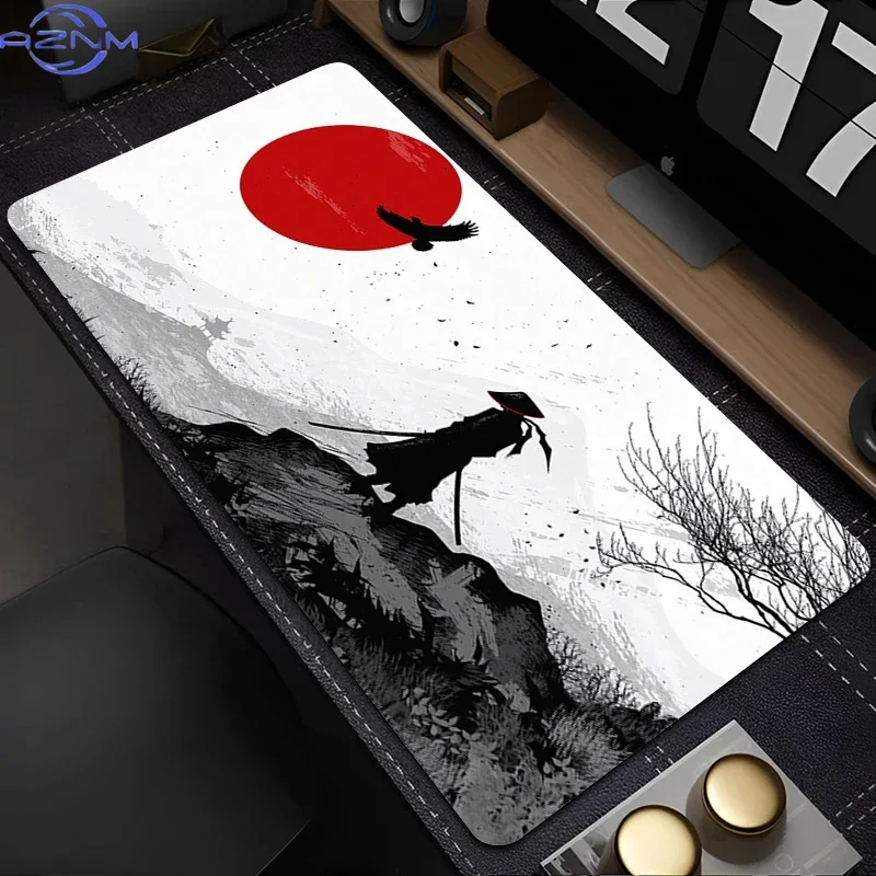 Japan Samurai Mouse Pad Computer Red Moon Gaming Extended Desk Mat Laptop Cool Anime Gamer Cabinet Keyboard Rug 800x400 Mousepad