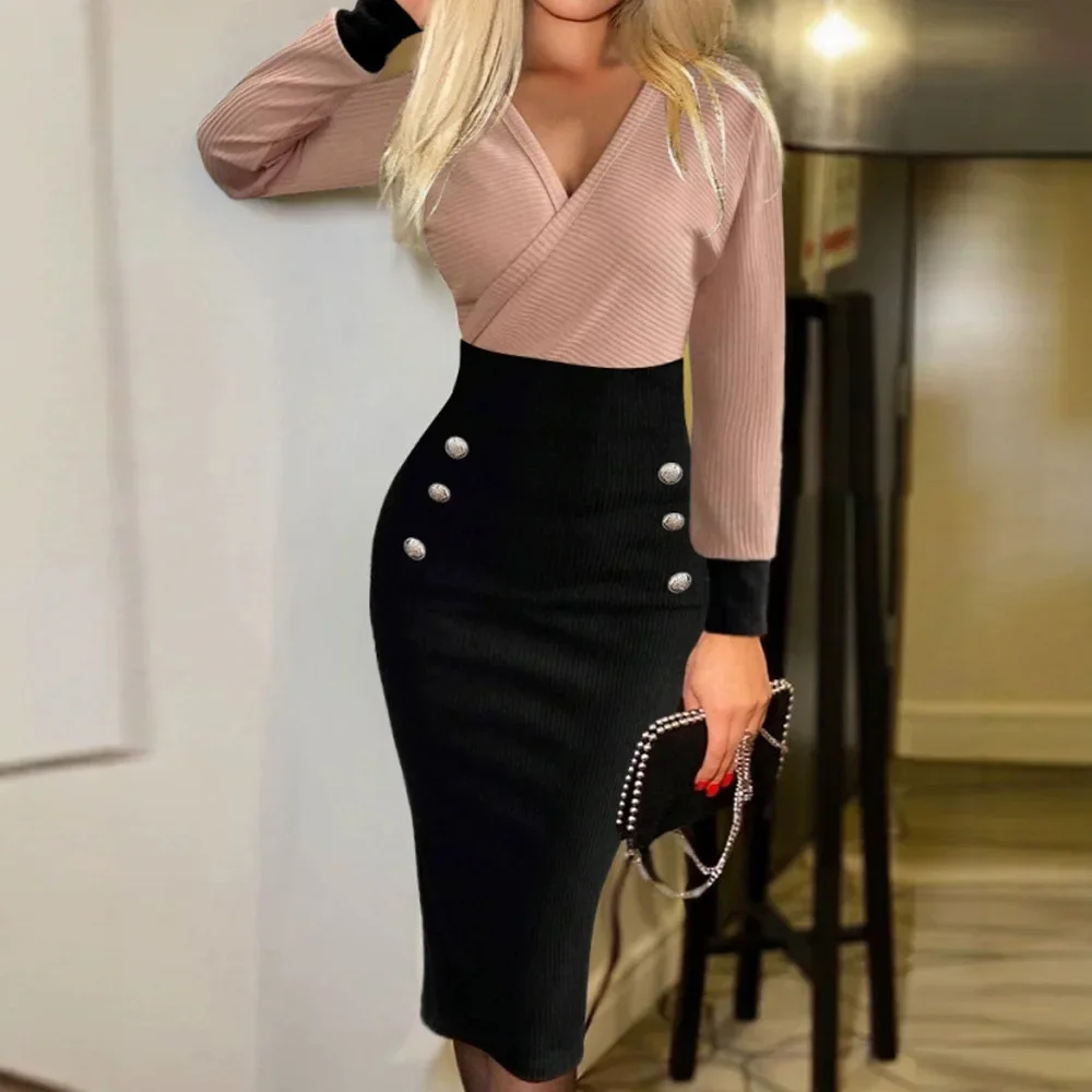 

Long Sleeved Bodycon Dress for Women New Casual Elegant V-Neck Fake Button Contrasting Sexy Dresses 2024 Autumn Winter Spring