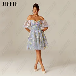 JEHETH 3D Flower Prom Dresses Sweetheart Short Puff Sleeves Mini Vestidos De Festa A-Line Lace Embroidery Evening Party Gowns