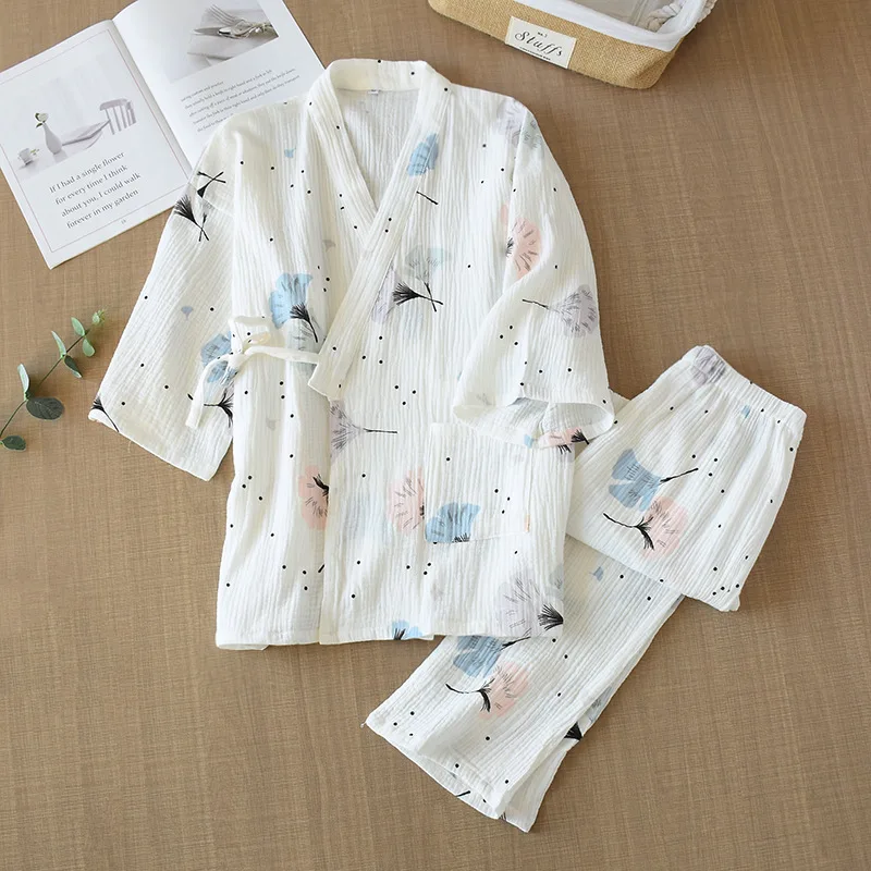 Cute Print Cartoon 2PCS Cotton Kimono Nightgown Sexy Lady Pajamas Suit Home Clothes Sleepwear Homewear Summer Lingerie Bathrobe