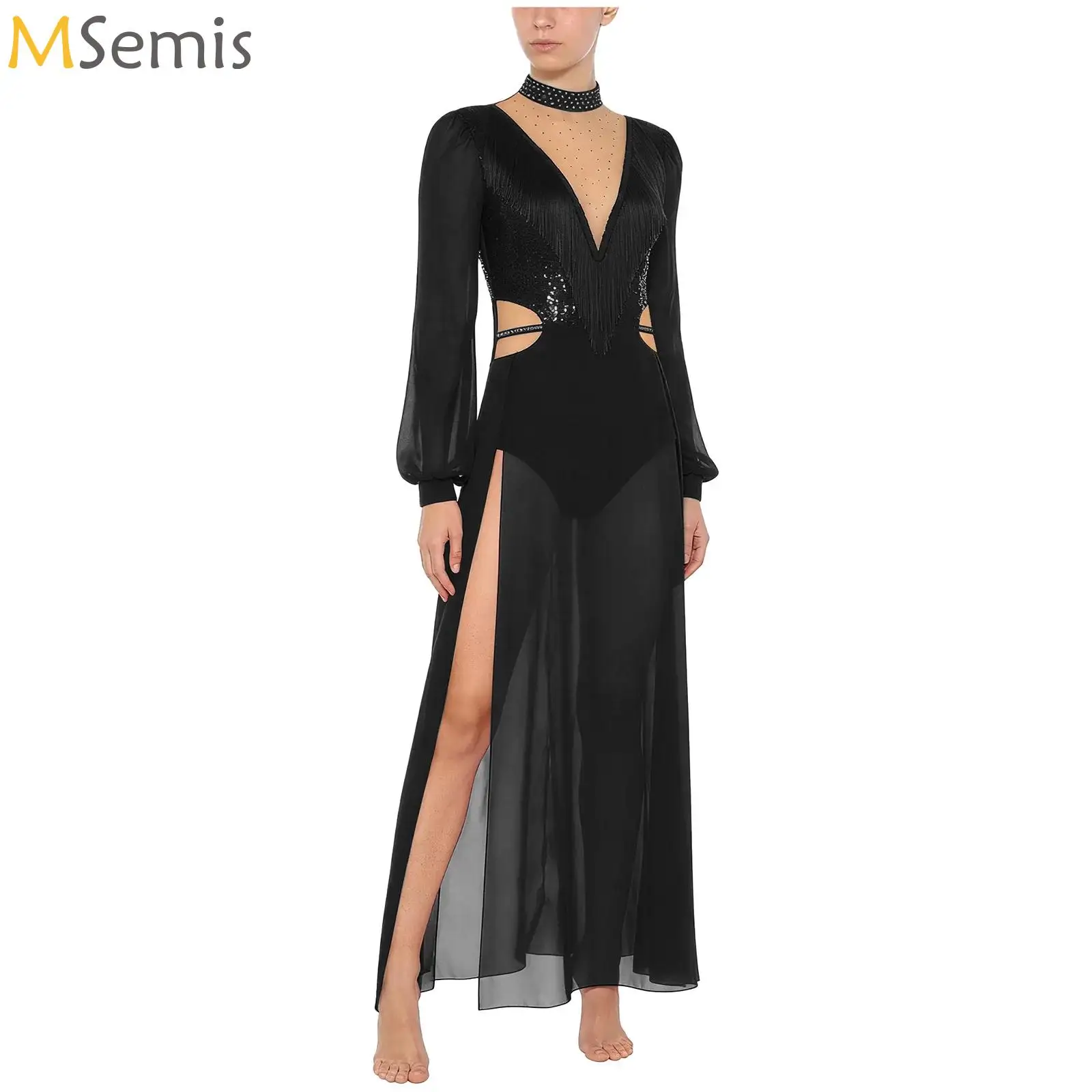 

Женское лирическое танцевальное платье с блестящими пайетками и кисточками, цельное трико с длинными рукавами, платье макси, современный балетный костюм для современного танца