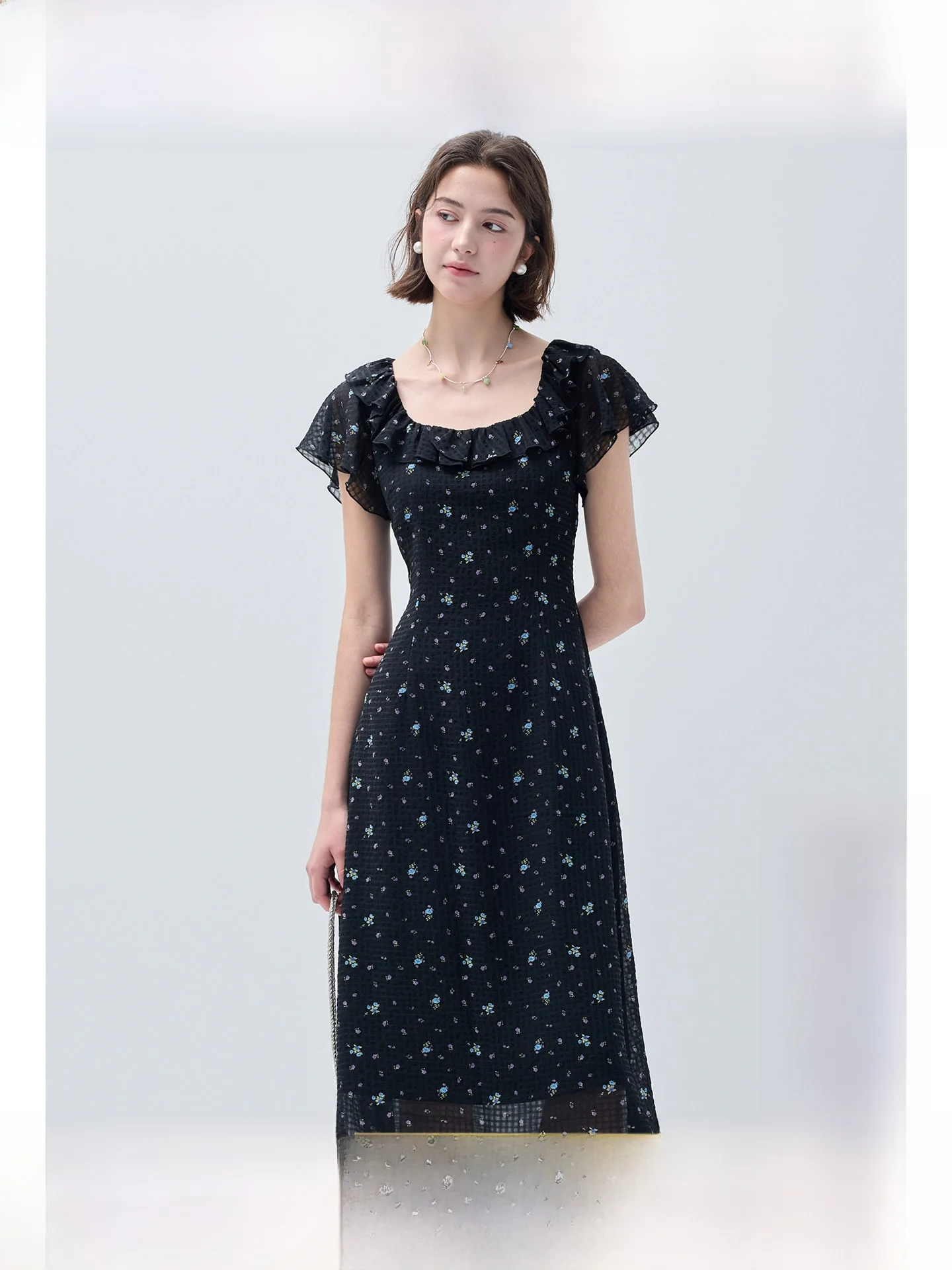

Large Size Women's Floral Print Chiffon Dress Square Collar Waist Cinched Commute Friendly Summer Long Skirt by Ruige