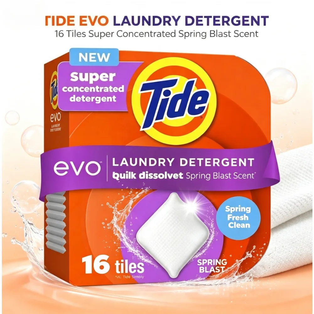 Laundry Detergent Tiles, 100% Concentrated, 6X Cleaning Power, Spring Blast Scent, 16 Count, Eco Friendly, Ultra Strong Stain Removal, Fresh Scent Laundry Sheets, Travel Friendly, Lightweight, No Mess Liquid Less Laundry