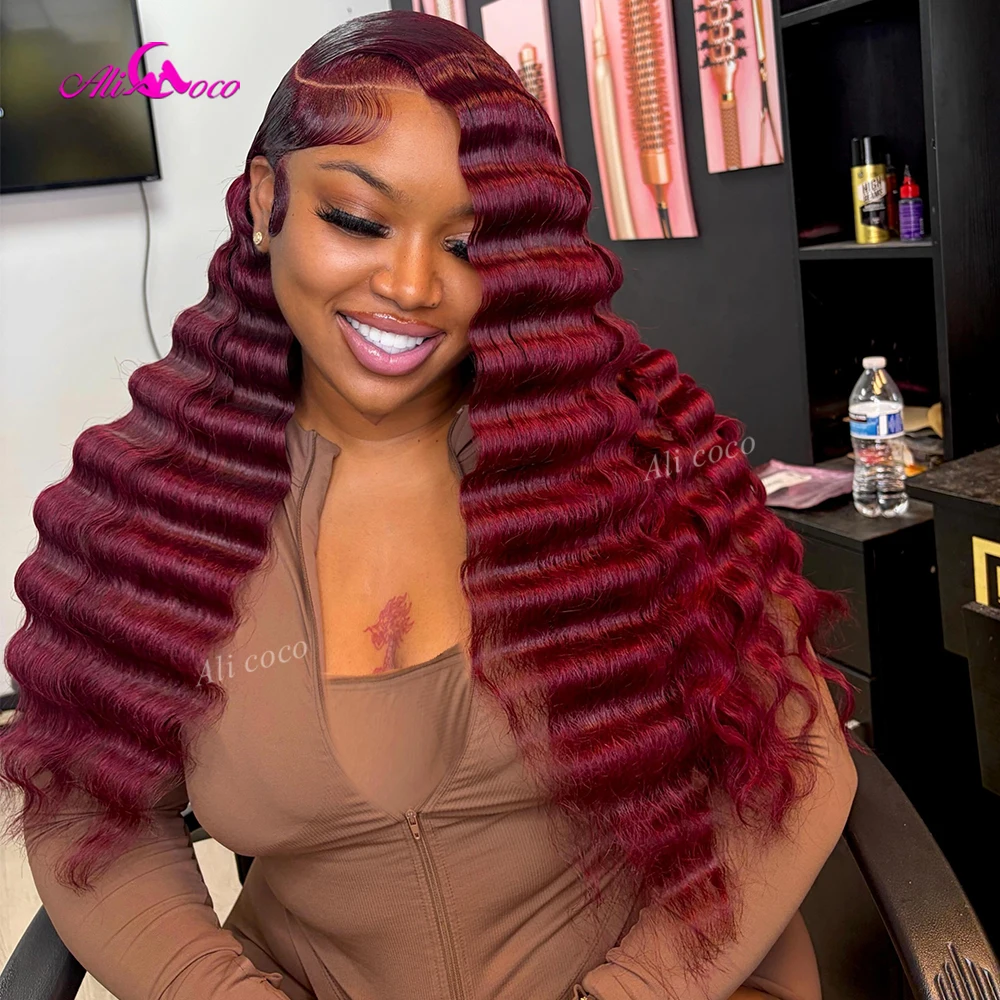 Burgundy Red 200 Density Invisible HD Pre-cut 99J Lace Frontal Drawstring with Tape Deep Wave Wigs Remy Glueless 5X5 Human Hair