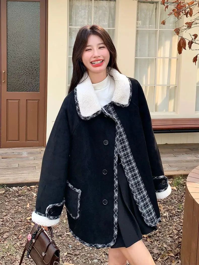 

plus Size Women's Casual Plaid Jaet Loose Fit Autumn Winter Open Cardigan Top Korean Sle Patchwork Warm Fluffy Coat