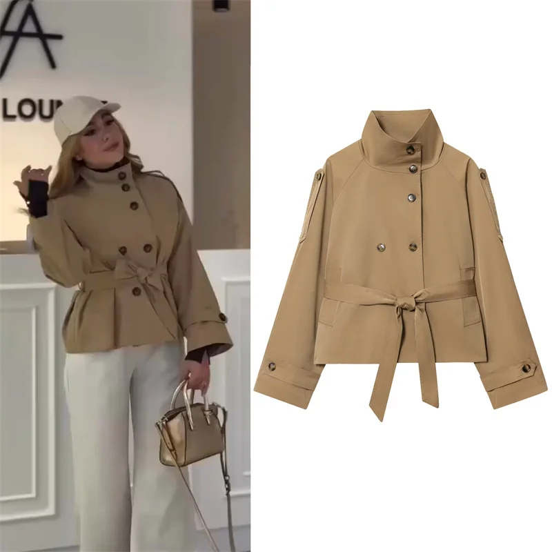 

2025 Women's Trench Coat Autumn New Style Camel Long Sleeve Belted Short Trench Coat British Style Fashionable and Unique
