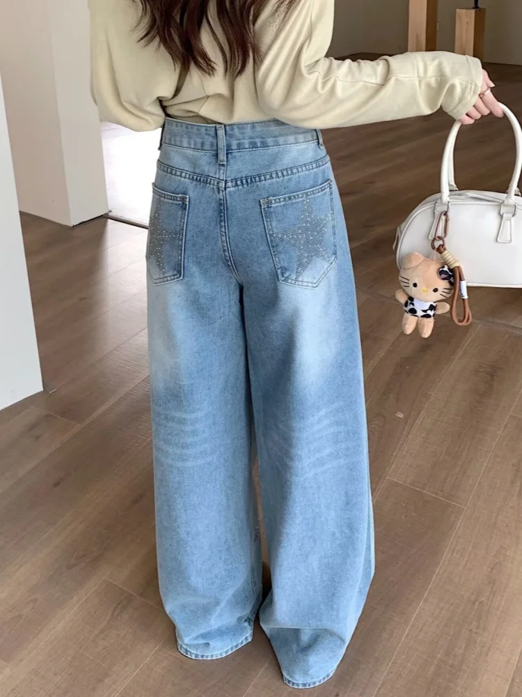 2026 Gothic Y2K Style Star Hot Fix Rhinestone Washed Blue Baggy Women's Jeans Pants For Woman Clothing Straight Denim Trousers